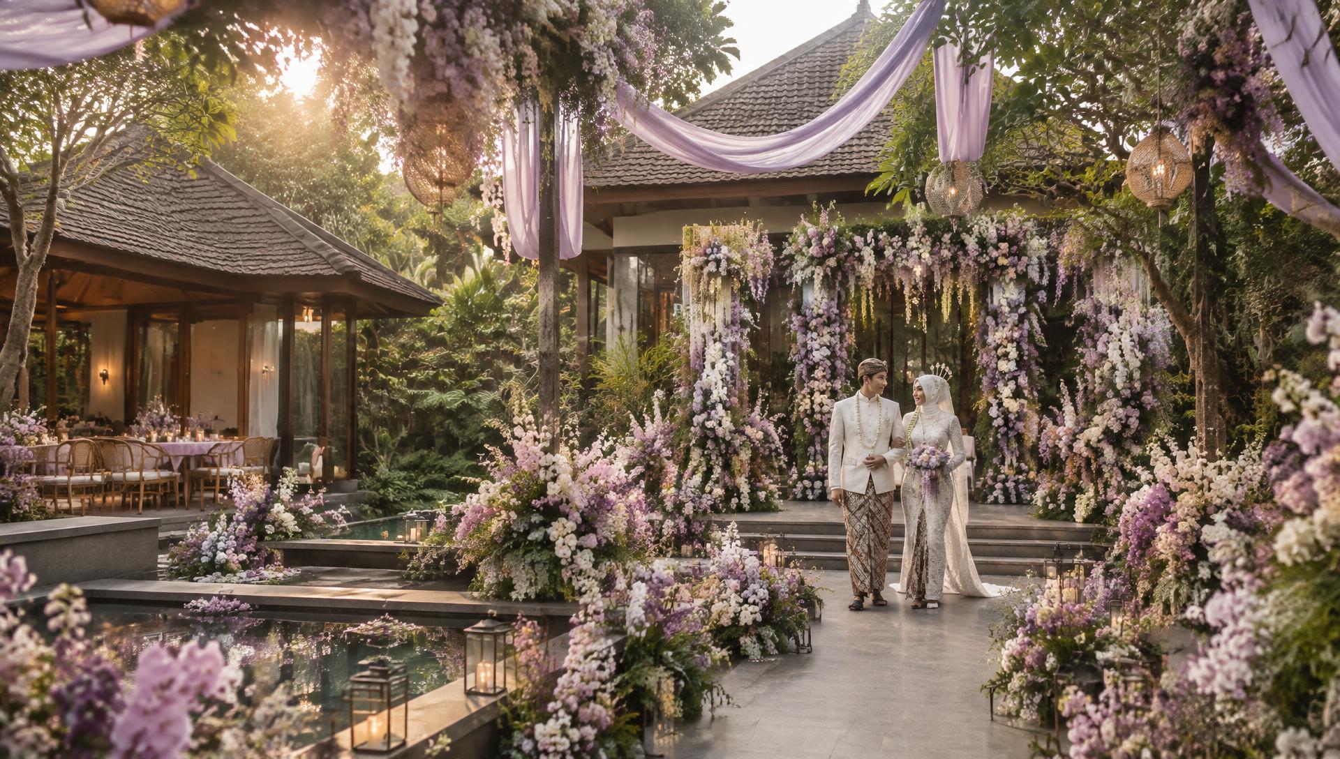 Pasangan pengantin Indonesia di taman pernikahan bernuansa lilac